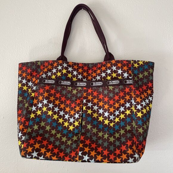 LeSportsac Brown w/ Multi-color Stars Design Nylon Tote Bag 11x11x7”‎ Travel Zip - Picture 1 of 11